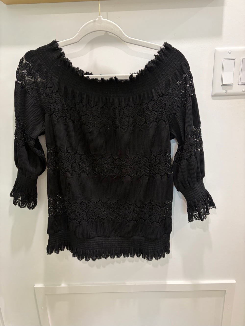Anthropologie Deletta Black Lace-Trim Off-Shoulder Peasant Top
